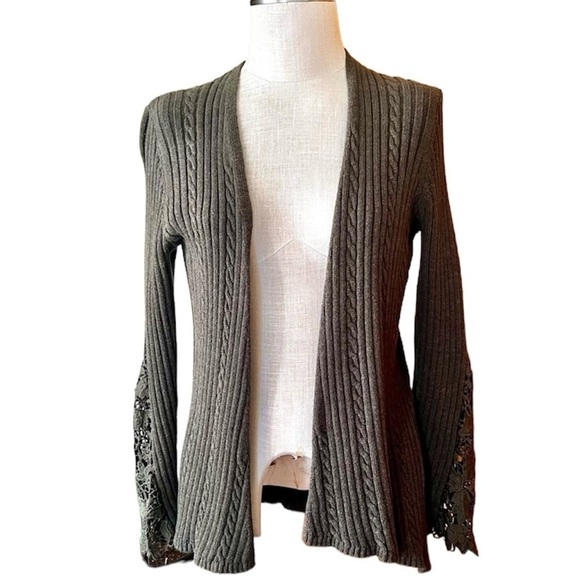 INC Small Army Green Open Front Cardigan Cable Knit Lace Slerves - Picture 1 of 6